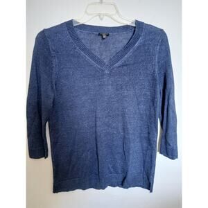 Talbots Sunwashed Blue V Neck Sweater Linen Knit 3/4 Sleeve LP PL Petite Large